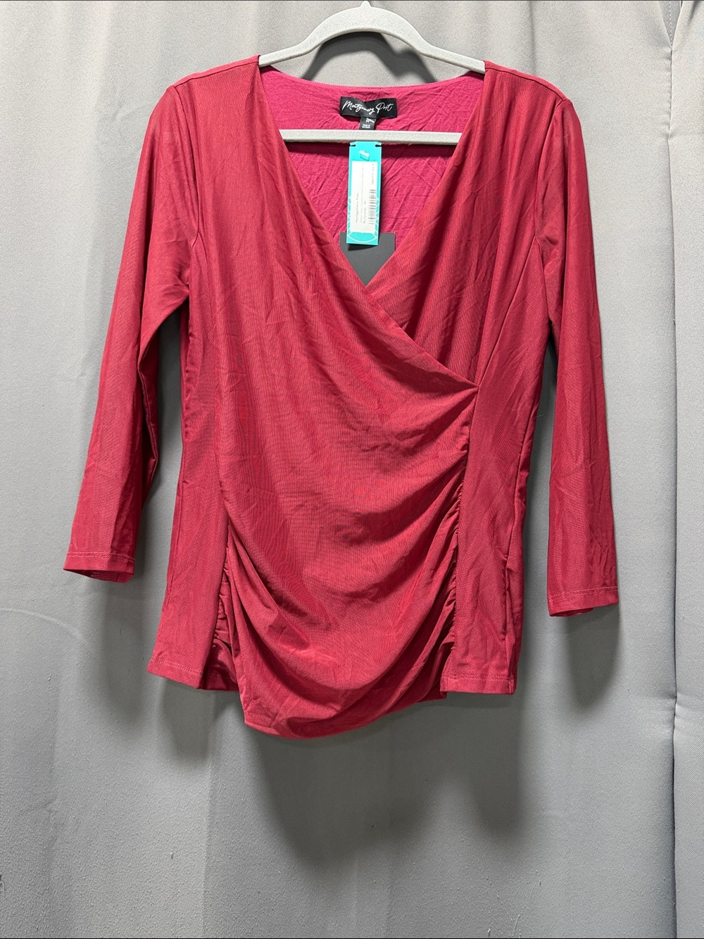 Montgomery Post Willow Three Quarter Sleeve Fusion Mesh Knit Top - Burgundy - M